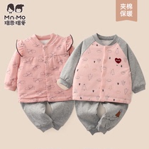 Bo En Bo love winter baby 0-2 years old girl baby clip thin cotton warm cardigan cotton clothing two-piece suit 400 