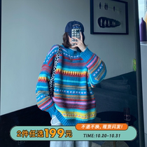 Seven4lee Little Red Lazy Wind Loose Soft Blue Milk Striped Sweater Color Knit