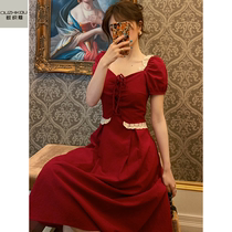 Bubble sleeve square collar waist French vintage Hepburn red dress Blue lace careful machine design sense long dress