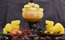 Natural yellow jade double-leopard Poly Basin Swing Piece transfer Crystal Merchants Seven Stars Town Residence Yuan Bao furnishing