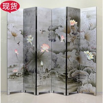 Folding screen Lotus Kingfisher Simple modern Chinese Zen hand-painted silver foil paint painting screen Hotel living room entrance partition