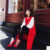 2022 autumn and winter new medium length plus-length plush malady red round collar fashion cashmere sleeveless shoulder back heart wave