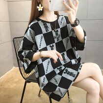2022 summer loaded with big code Korean version 200 catty sister short sleeve t-shirt woman blouse with plaid maternity dress with long covered ass