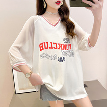 Pregnant womens summer new Korean version of large size fat mm short sleeve t-shirt womens coat loose seven-point mid-sleeve chiffon vneck