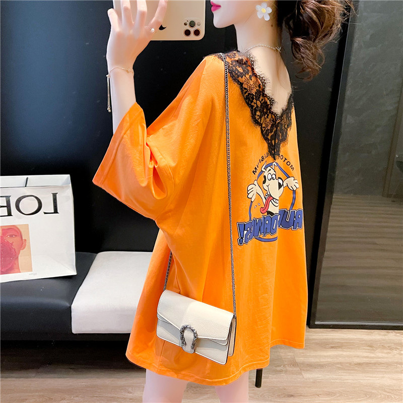 2021 summer new Korean version large size 200 jin fat mm short-sleeved t-shirt women's top loose lace halter maternity dress