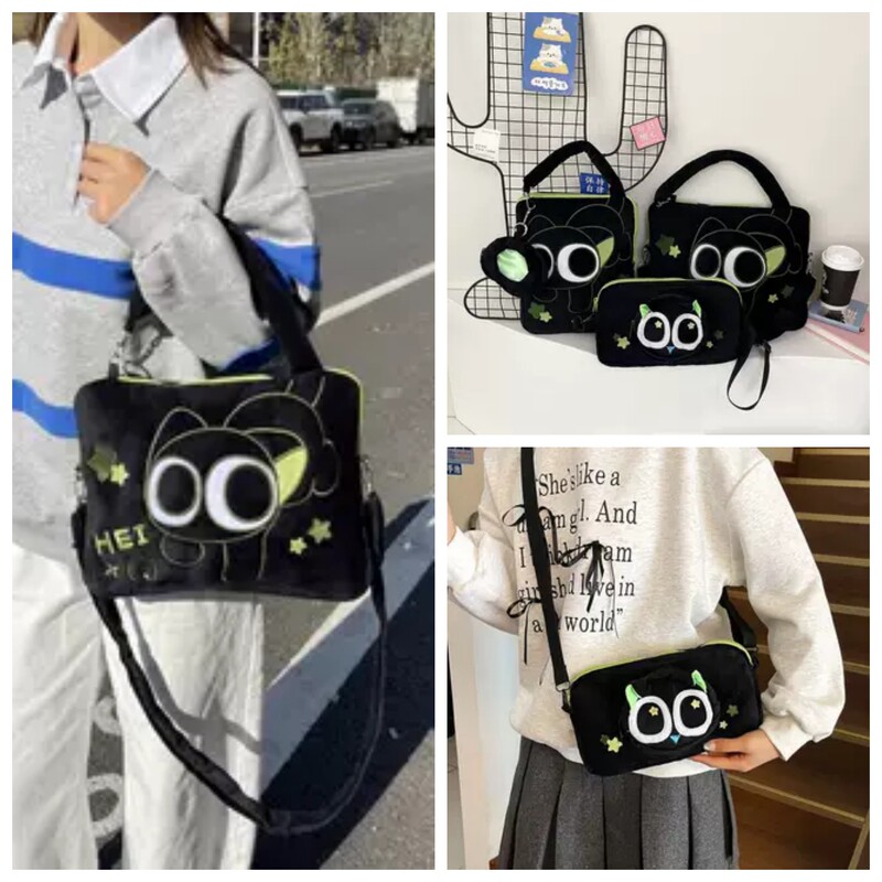 Luo Xiaohei Battle Chronicles 2 Backpacks, Children's Backpacks, Co-Branded Models for Girls, Black Cat Plush Cartoon Anime Crossbody Bags