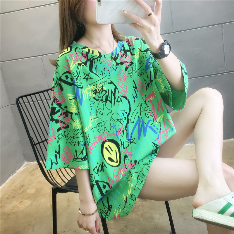 2021 summer Korean version of the new loose thin graffiti round neck pullover pure cotton short-sleeved T-shirt large size top ins
