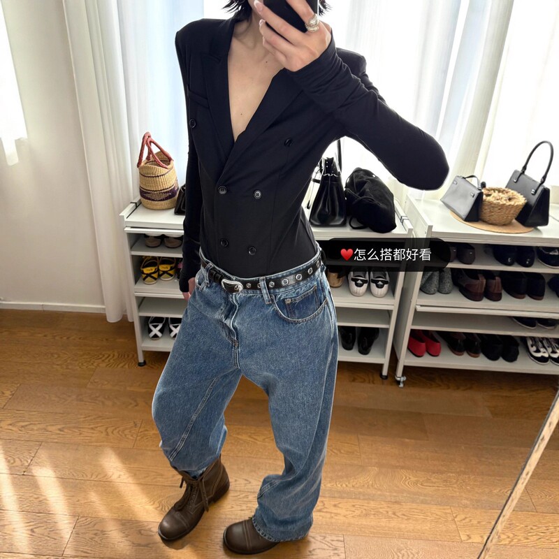 Trendy Black Designer High-End Double-Breasted V-Neck Stretch Knit Slim-Fit Blazer Jumpsuit for Women