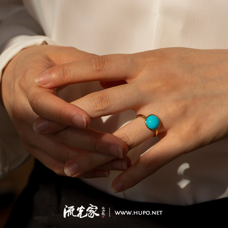 Flow home Original design high - porcelain blue natural sleeping beauty Turquoise ring 18k gold inlaid popular