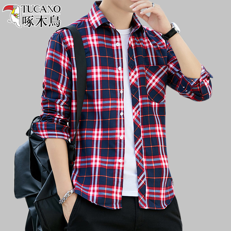 Woodpecker Spring and Autumn Men's Shirt Thin Slim Shirt Versatile Long Sleeve Plaid Casual Inch Shirt Handsome Jacket Man