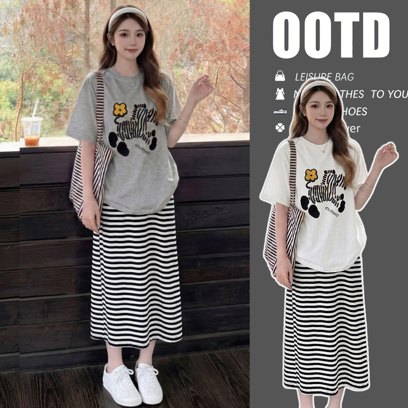 Maternity Tops, Summer Pure Cotton Short-Sleeved T-Shirts + Striped Skirts, Stylish and Fashionable Pregnant Women's Outfit Set Maternity Tops, Summer Pure Cotton Short-Sleeved T-Shirts + Striped Skirts, Stylish and Fashionable Pregnant Women's Outfit Set