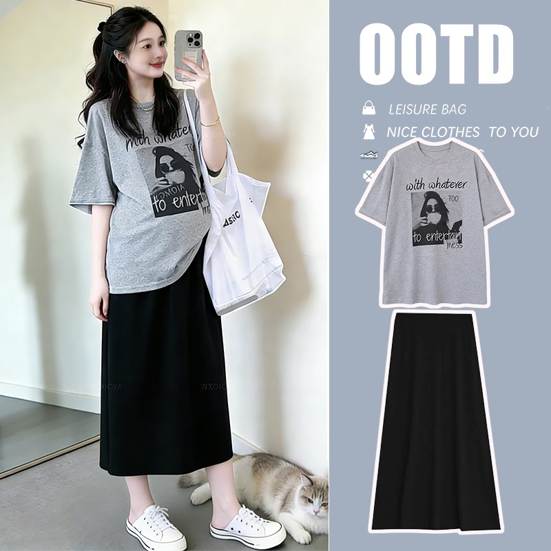 Maternity Suit, Summer Pure Cotton Top, Short-Sleeved T-Shirt + Skirt, Slimming Look Outfit, Stylish and Lazy Style Outfit for Pregnant Mothers
