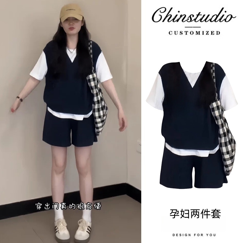 Maternity Suit Summer Short-Sleeved Fake Two-Piece Top + Shorts Two-Piece Set Slimming Pregnancy Outfit Loose Fit for Petite Women