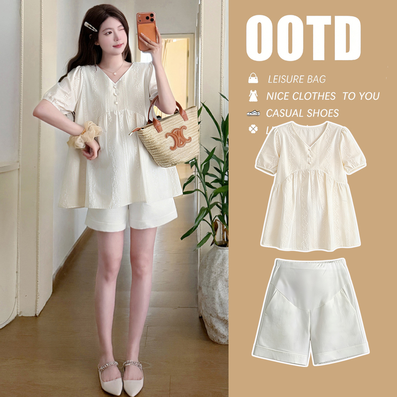 Maternity Tops, Summer V Neck Babydoll Tops + Shorts Set, Stylish, Belly-Covering, Not Revealing Pregnancy, High-End Maternity Wear