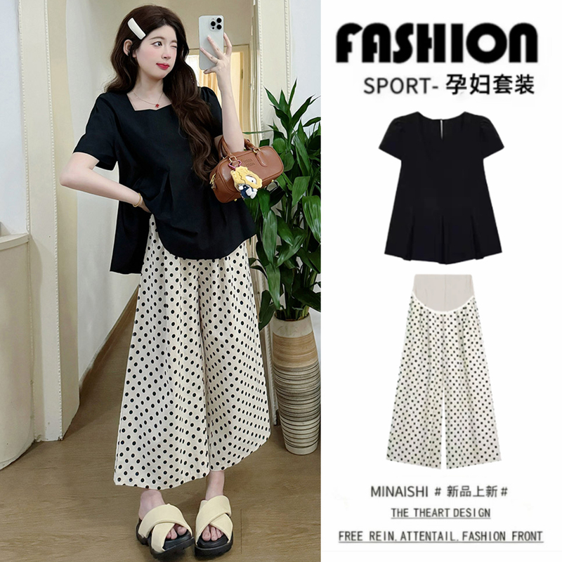 Maternity Suit Summer Square-Neck Top + Polka Dot Pants Stylish Belly-Covering Non-Obtrusive Pregnancy Outfit 2026 New Maternity Suit Summer Square-Neck Top + Polka Dot Pants Stylish Belly-Covering Non-Obtrusive Pregnancy Outfit 2026 New