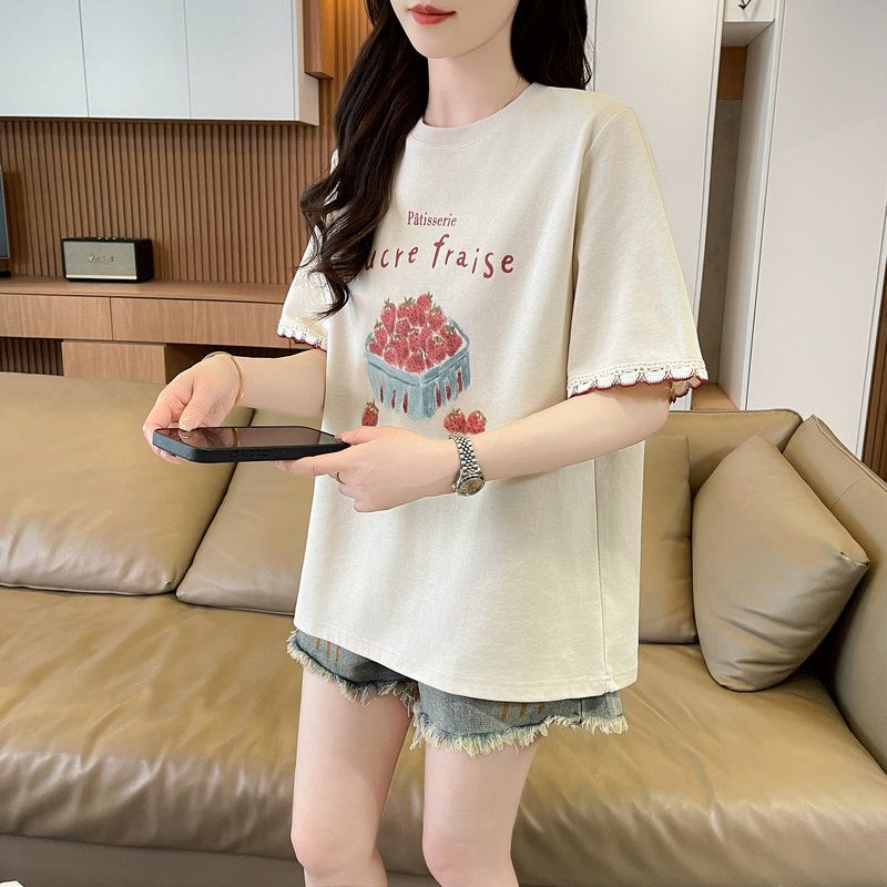 Summer Cotton Casual T-Shirt for Petite Pregnant Women ins High-End Loose Niche Print Lace Short-Sleeve Top
