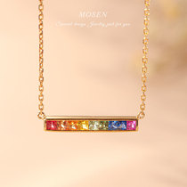 Stomen Mosen jewelry balance beam rainbow necklace 18K gold inlaid color sapphire pendant womens custom