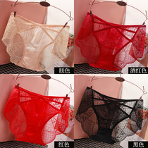 4 panties Ladies lace summer ultra-thin breathable mesh translucent non-trace middle waist sexy temptation large size sexual confusion