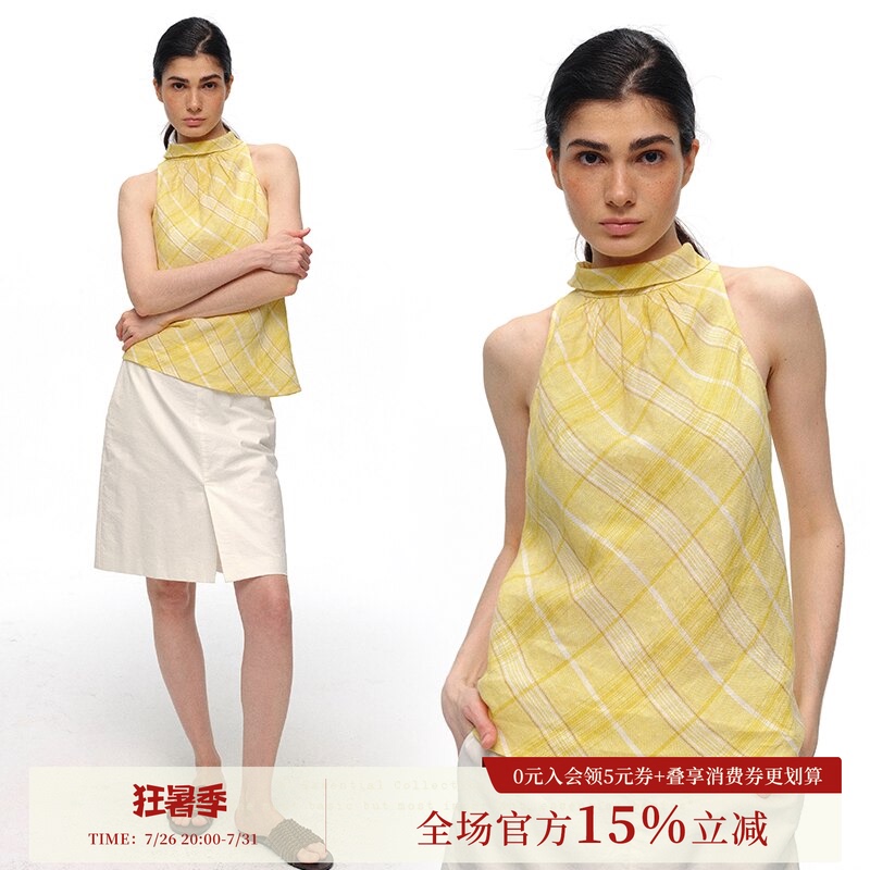 Who Peach 100% Linen Yellow Plaid Halter Neck Sleeveless Top Women's Loose Vest Outerwear Summer New Style