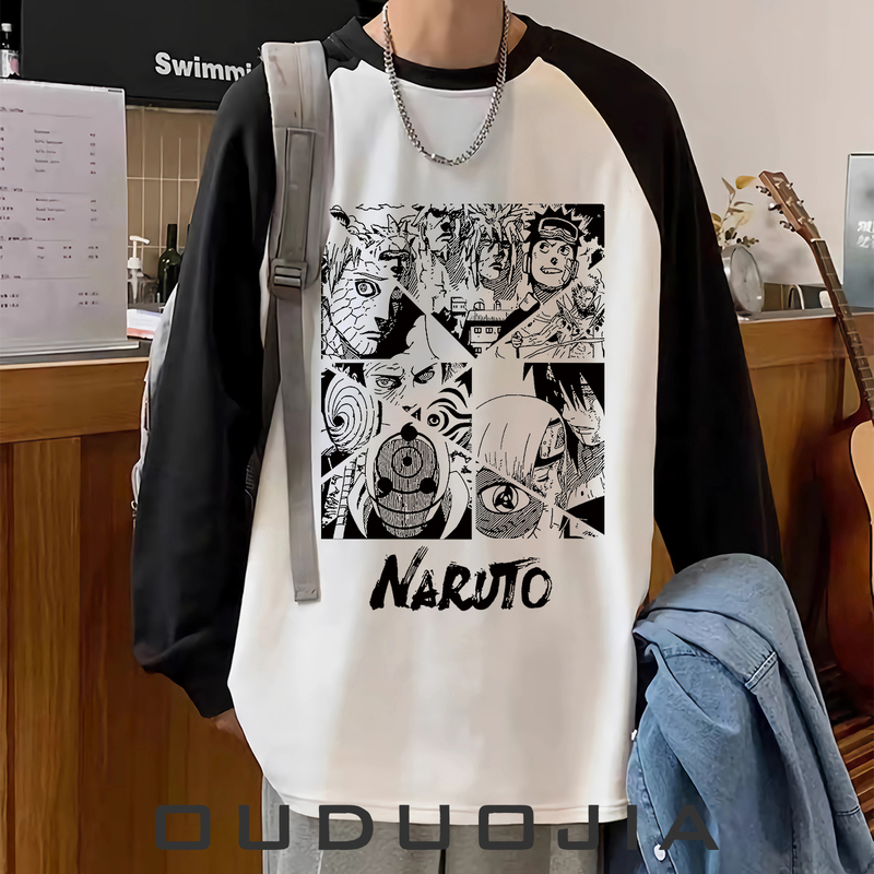 Heavyweight Pure Cotton Color-Blocked Long-Sleeve T-Shirt for Boys, Suitable for Teenagers and Middle School Students, Anime T-Shirt, Stylish Base Layer Clothing