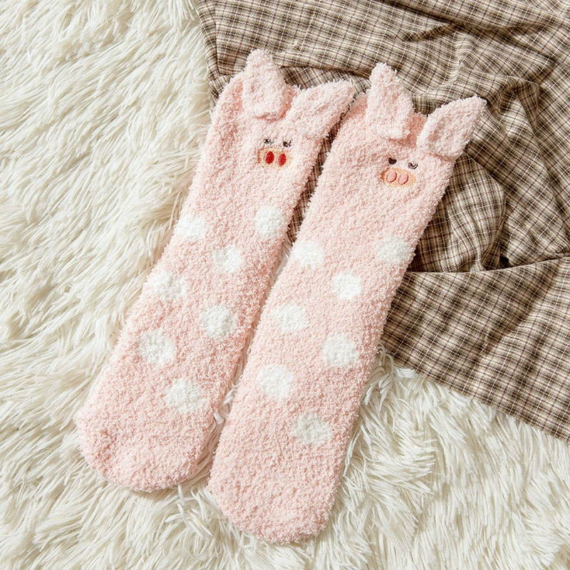 Vớ lót sàn chống trượt dành cho người lớn vớ sang trọng nữ vớ ống mùa đông dễ thương phim hoạt hình san hô lông cừu ngủ vớ dày ấm - Vớ sợi tre