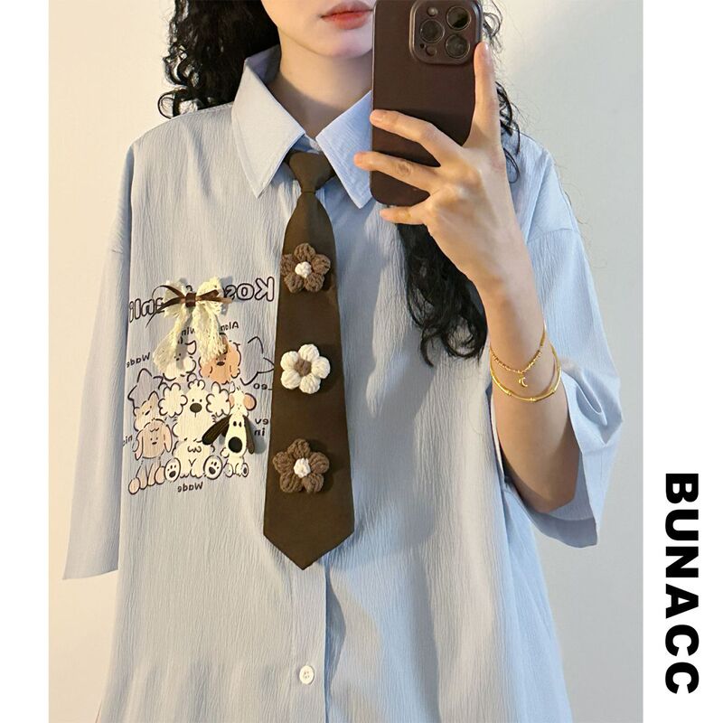 Bunacc2026 Summer Japanese Retro Street Style Cartoon Print Tie Shirt Unisex Loose Short-Sleeve Top