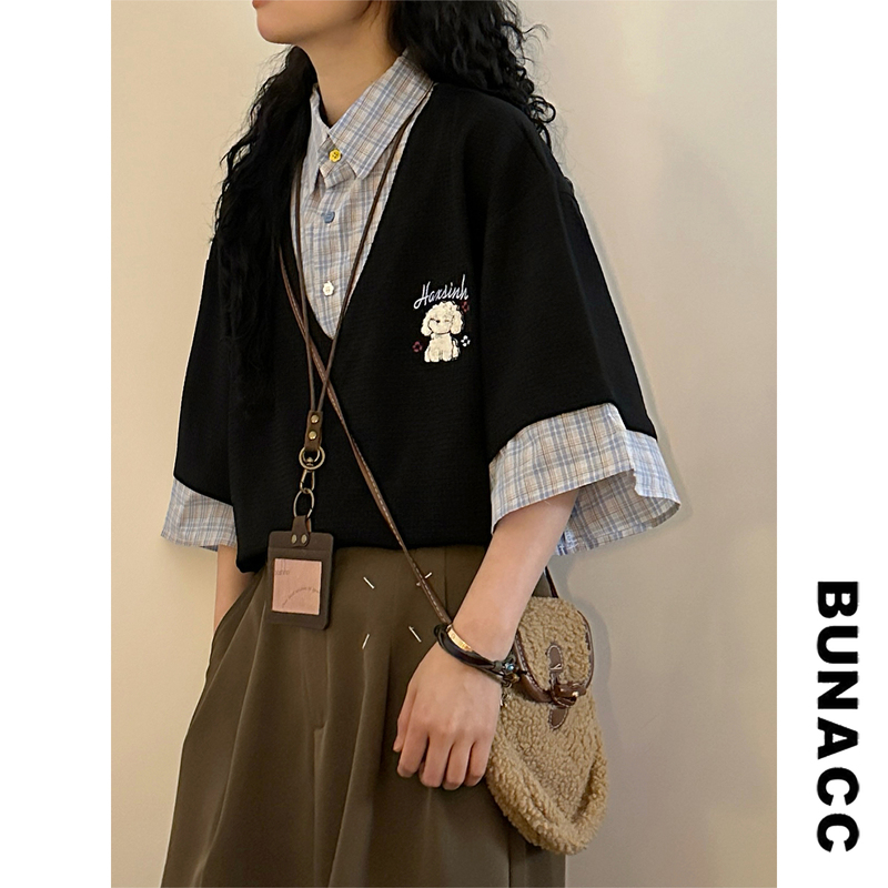 Bunacc2026 Summer Plaid Fake Two-Piece Short-Sleeved Shirt Preppy Style Puppy Embroidery Versatile Casual Shirt for Women
