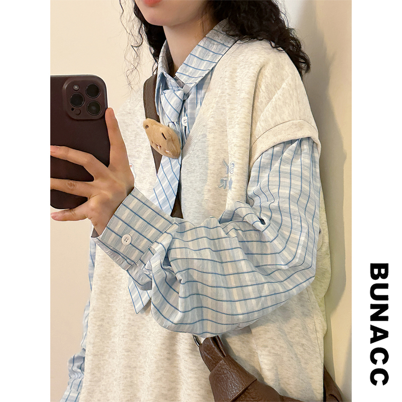 Bunacc Autumn Japanese-Style College Style Bear Embroidery Fake Two-Piece Plaid Polo Shirt Long-Sleeve T-Shirt with Turn-Down Collar Sweatshirt