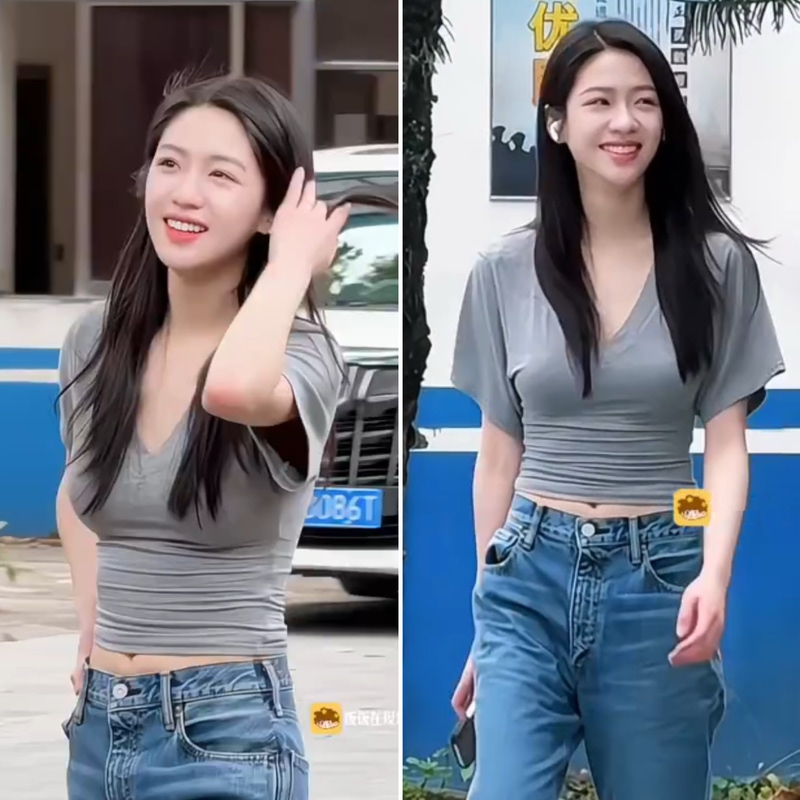 Xiang Han's Same Style American-Style Gray V-Neck Batwing Short-Sleeve Top for Women, Summer Casual and Lazy, Waist-Cinching Short T-Shirt Top