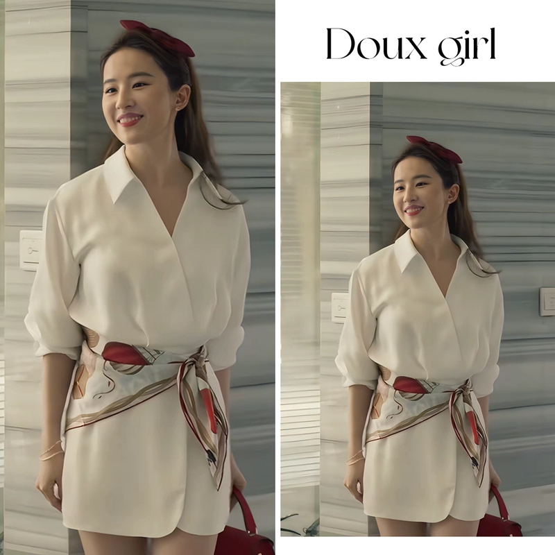 2025 Spring New Style Liu Yifei and Huang Yimei Same Style White V-Neck Satin Cross Waist-Cinching Shirt Dress with Elegant Look