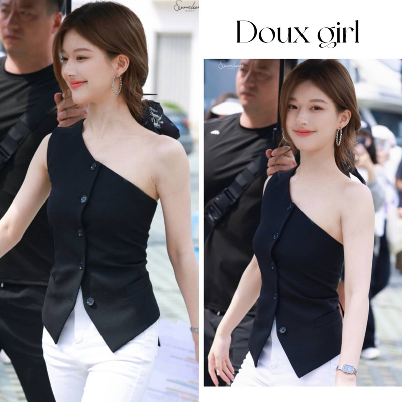 Xu Meiyang (Zhao Lusi and Xu Yan's Style) Black One-Shoulder Sleeveless Blazer Vest Slim-Fit Short Top for Women