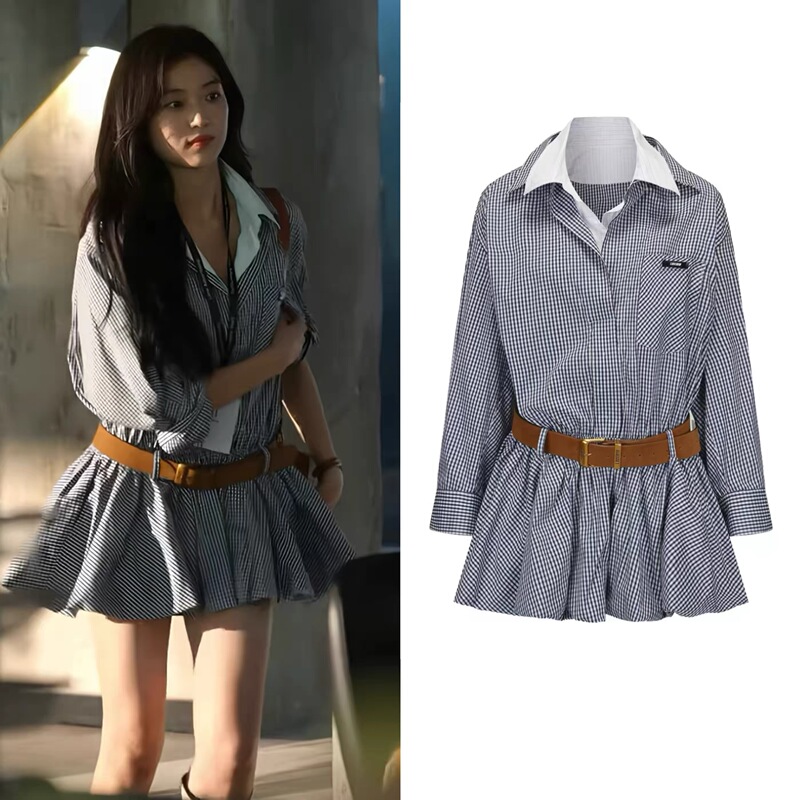 Early Spring Sunny Weather, Sun Qianshang's Same Style Autumn New Plaid Shirt Dress, Long-Sleeved Plaid Skirt for Women in Autumn
