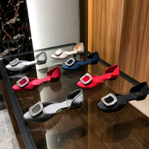  Black rv rhinestone square buckle flat single shoes womens summer hollow flat heel shallow hollow all-match 2020 new size size