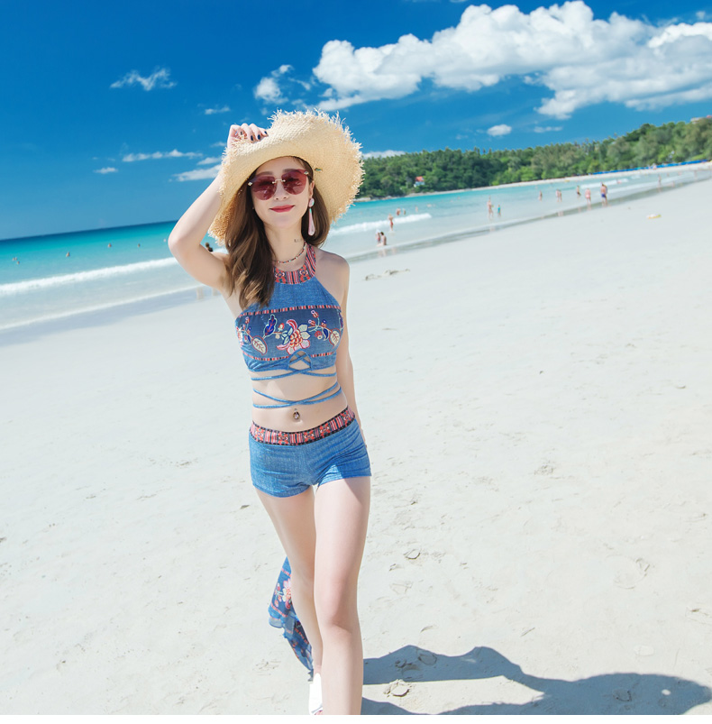 Bộ đồ bơi denim đôi đi biển đi biển của phụ nữ mặc bikini ba mảnh phù hợp che bụng thon gọn quần nam đi biển đồ đi biển cho cặp đôi