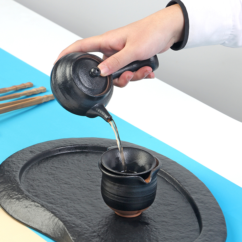 Black zen Japanese tea sets tea tray, Black pottery ceramic kung fu tea set coarse pottery teapot teacup of a complete set of gift boxes