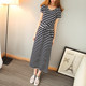 Summer new product belly-covering loose slim waist lace-up pure cotton striped large size short-sleeved dress women's casual long skirt