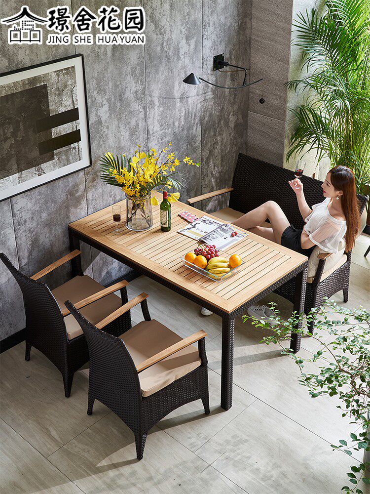 Nordic outdoor teak rattan choreography table and chairs sofa outdoor dining room hotel Three sets Composition-like plate room Courtyard Rattan