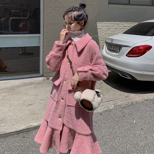 Розовая бархатная длинная демисезонная куртка, милое платье, шерстяное пальто, средней длины, в корейском стиле, крой «рыбий хвост»