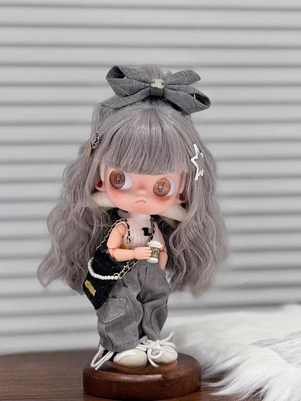 Gazi Sister 1/8 Doll Clothes Wig Fashion Vest Scimitar Pants Set with Bangs Water Ripple Dark Gray