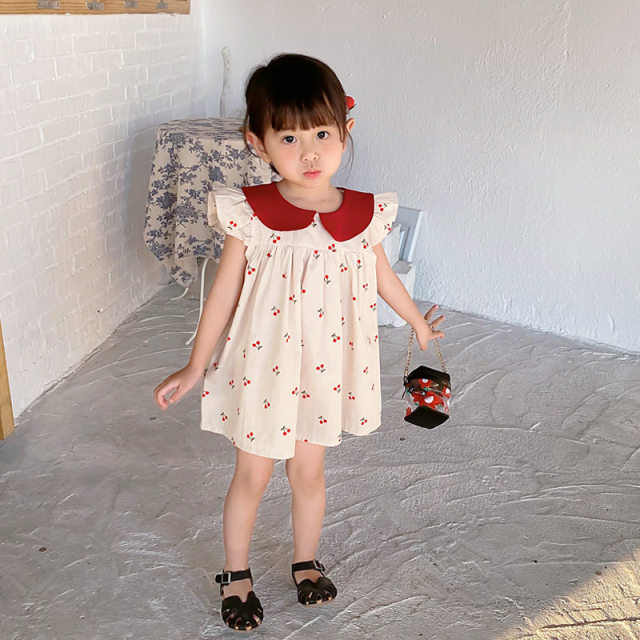 Baby girl short-sleeved summer girl cherry dress thin section baby princess doll skirt one-year-old baby skirt girl summer