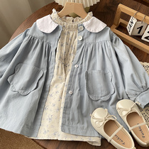 Girls Royal Blue Baby Doll Collar Flower Pocket Mid-Length Windbreaker