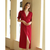 Spring and summer bride wedding morning gown short-sleeved long skirt wedding ice snow silk palace pajamas slit lace nightdress white