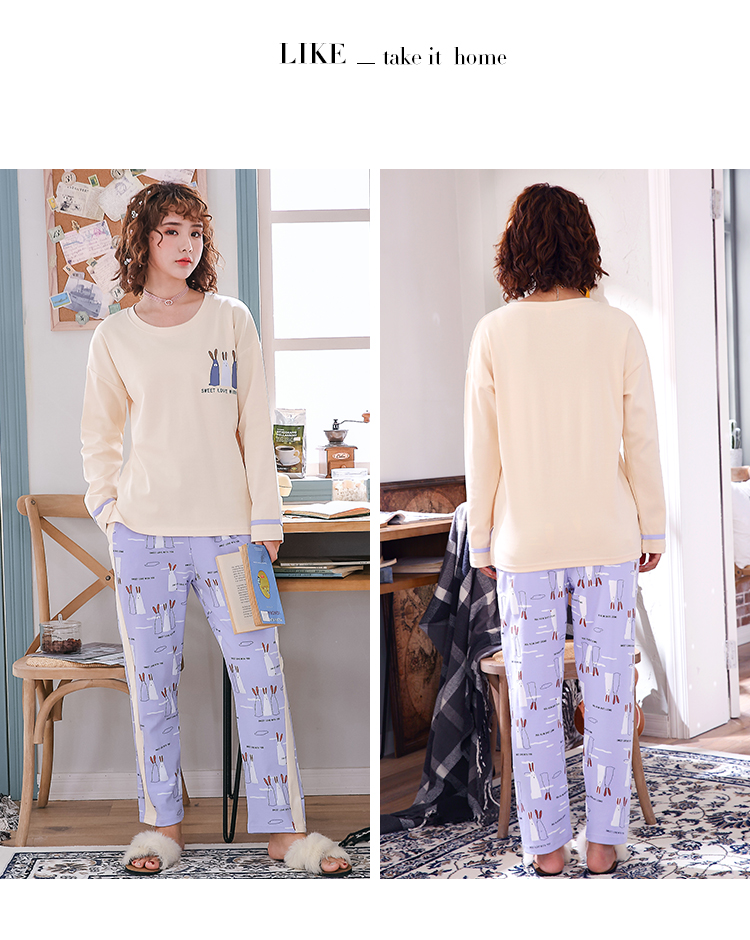 Bộ đồ ngủ cô gái cotton mùa thu tay dài kích thước lớn dễ thương phiên bản Hàn Quốc của bộ đồ cotton mỏng phục vụ phụ nữ có thể mặc bên ngoài đồ bộ