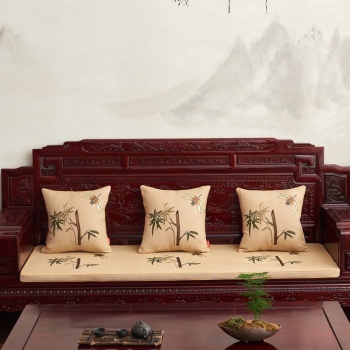 Chinese-style cotton and linen embroidery sofa cushion solid wood chair cushion three-seat long sofa thickened removable and washable sponge cushion