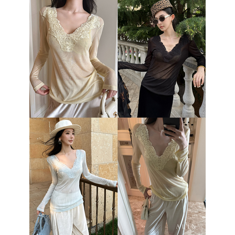Alin [Sheer Fabric] 100% Lyocell Slightly Transparent Lace V-Neck Slim Fit Long Sleeve T-Shirt Slimming Base Layer Top