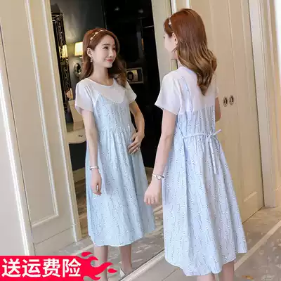 Pregnant women's pure cotton dress summer 2021 new fashion floral fake two-piece medium and long version of breastfeeding dual-use pregnant women's skirt