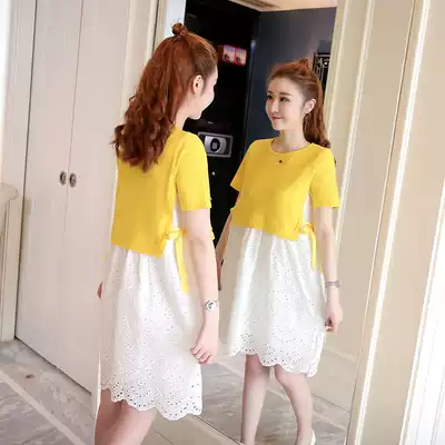 Pregnant women's dress summer fashion 2021 new fashion burnt flower hollow stitching fake two loose nursing skirts