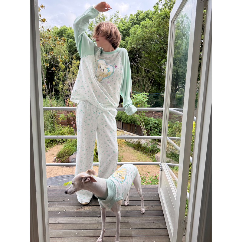 Sancco Love Puppy Original Print Floral Pajama Set Patchwork Raglan Long Sleeve T-Shirt and Long Pants Loungewear