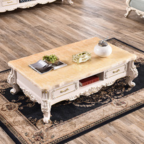 European natural marble tea several solid wooden carved white silver living room tea table TV cabinet combination suit