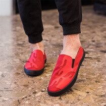 Hair Stylist Tide Men Casual Leather Shoes Red Personality Summer Board Shoes One Foot foot Fashion Mens Shoes Special Splicing